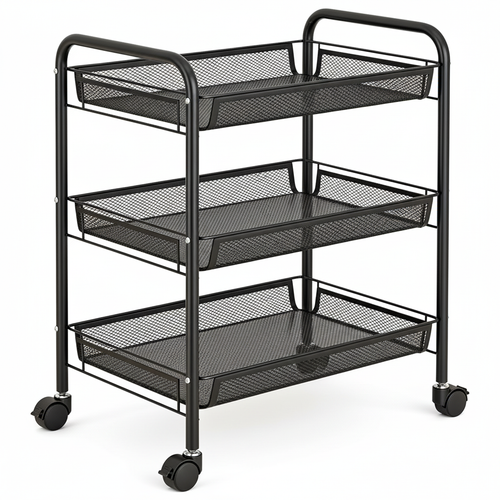 Empty three-tier black mesh rolling cart on a white background