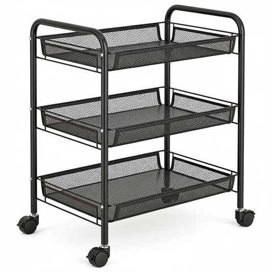 Empty three-tier black mesh rolling cart on a white background