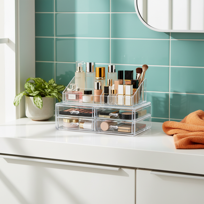 Organizer on a bright bathroom vanity with teal tile