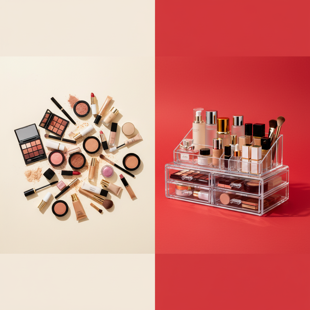 Before and after comparison of scattered versus organized makeup