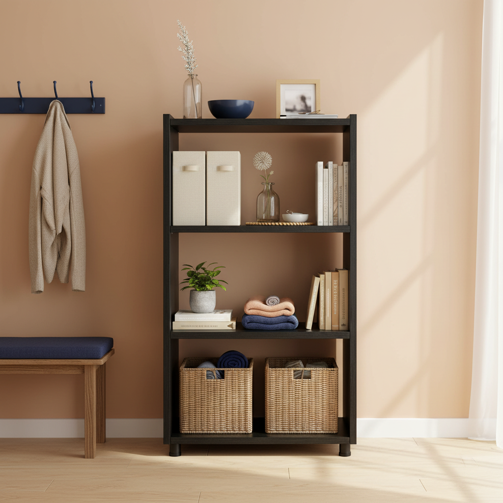 Tall black open shelf with baskets, books, a plant and lightweight items in a compact apartment