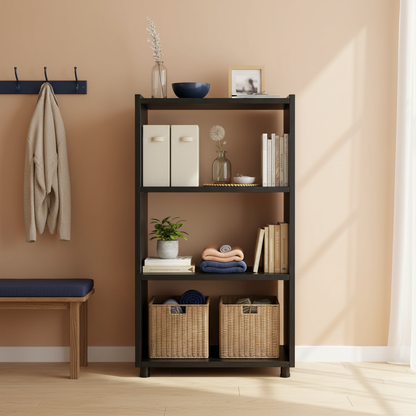Tall black open shelf with baskets, books, a plant and lightweight items in a compact apartment