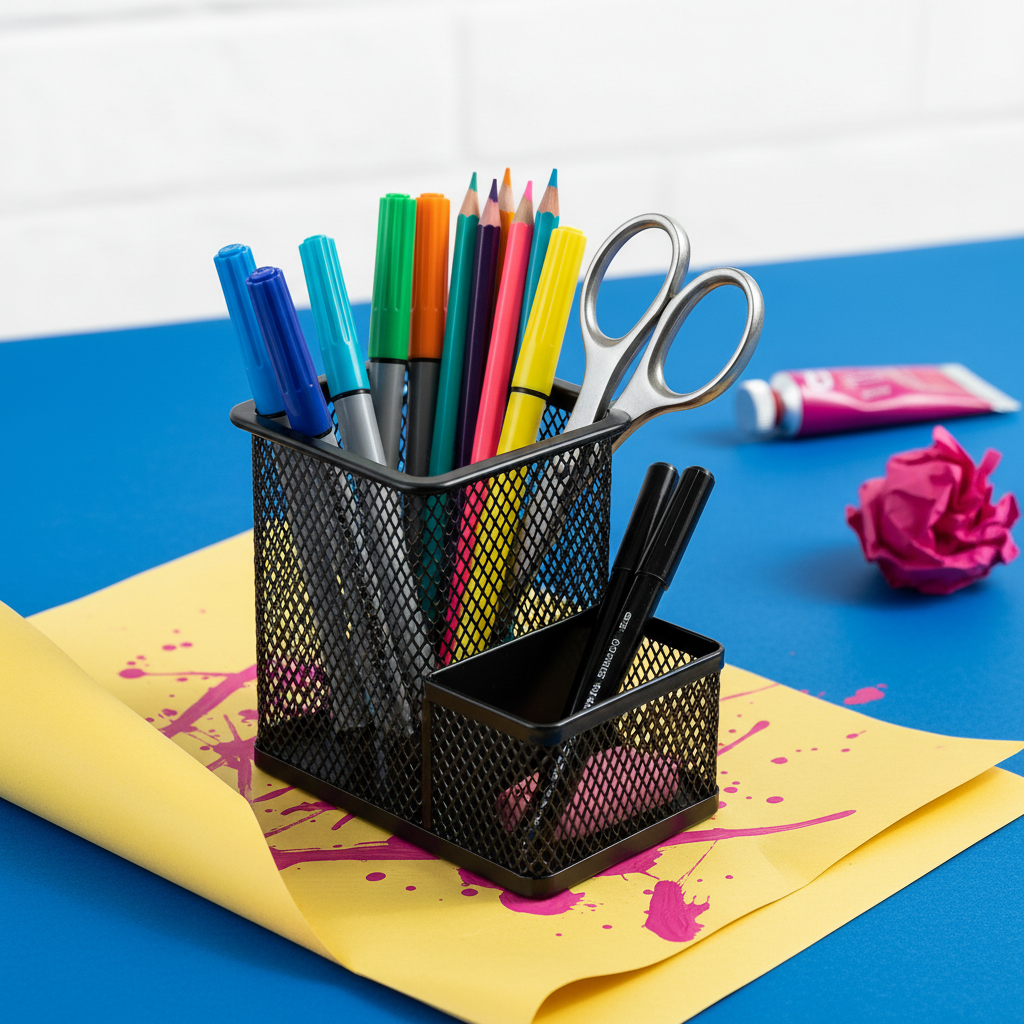 Black mesh organizer holding colorful art supplies on a creative desk