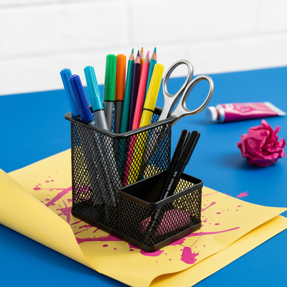 Black mesh organizer holding colorful art supplies on a creative desk