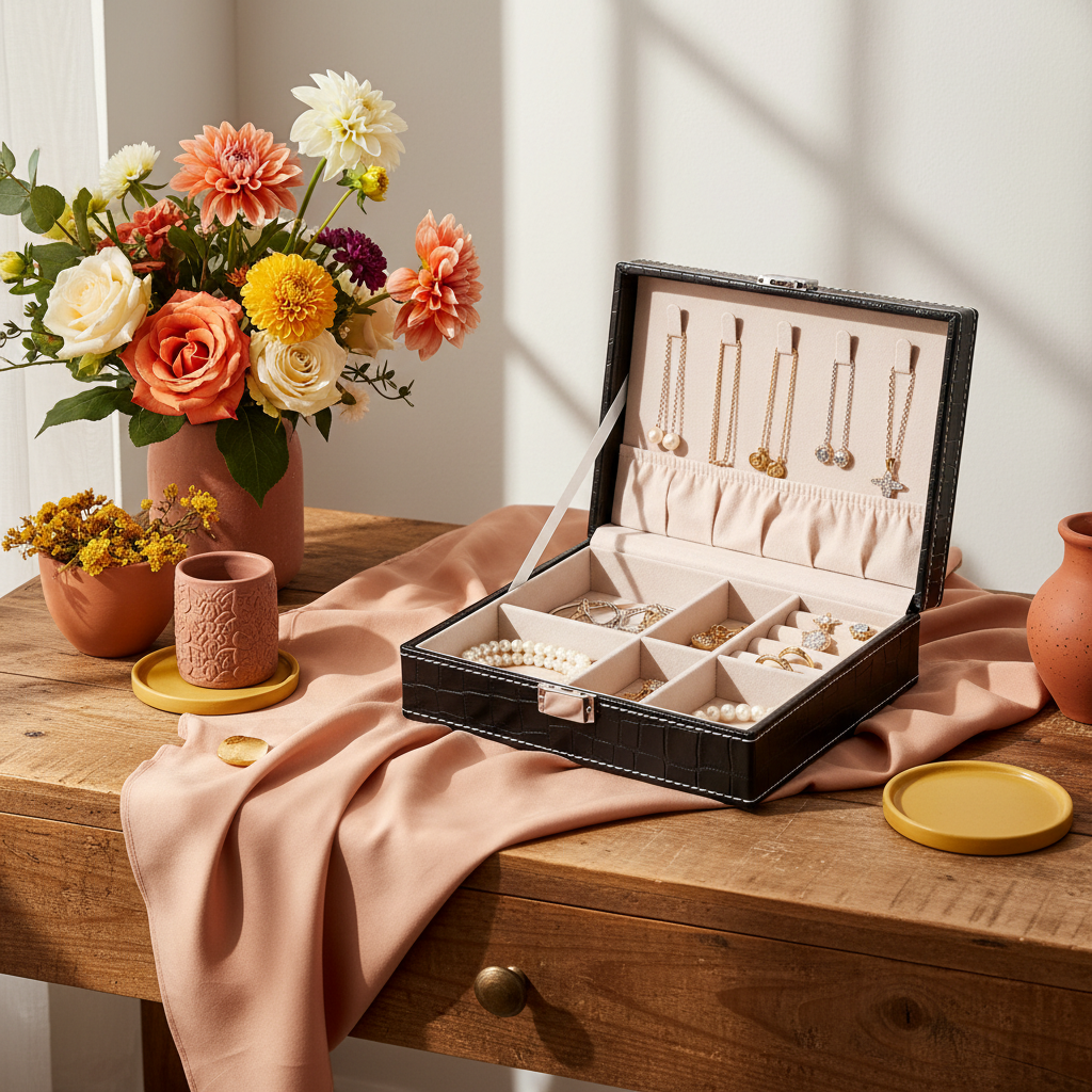 Jewelry box styled on a colorful vanity table with flowers