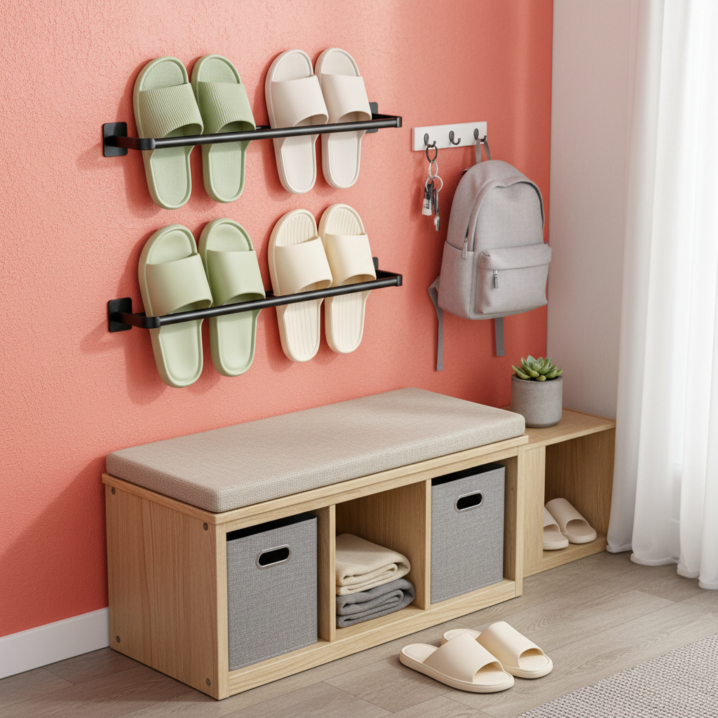 Black two-tier wall-mounted slipper rack holding colorful indoor footwear near a compact bench