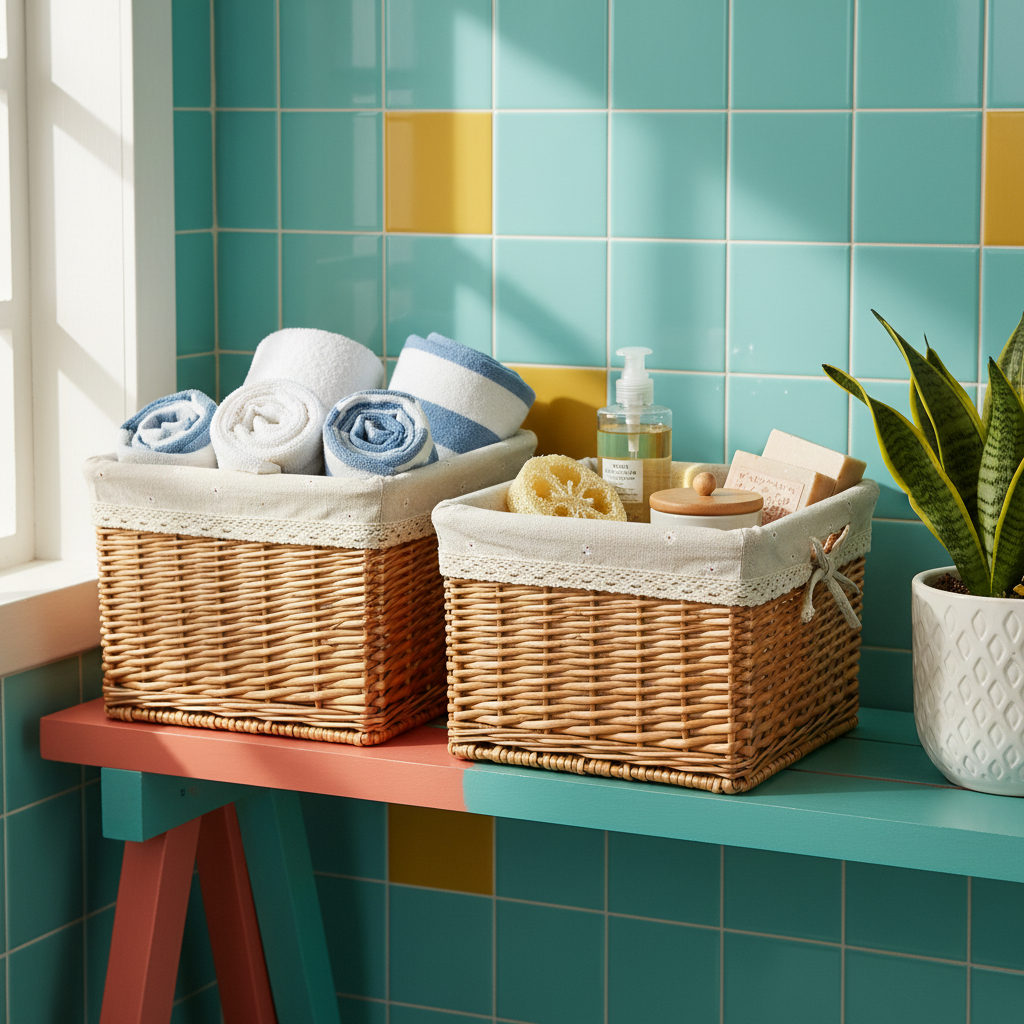 Two baskets on a colorful bathroom shelf with towels