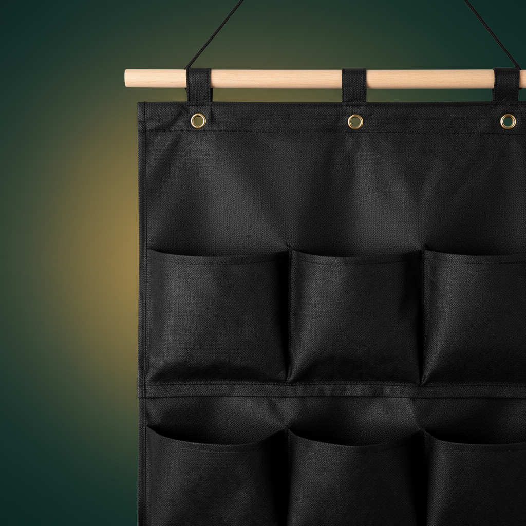 Close-up detail of the black fabric texture, pocket seams, hanging loops and varied pocket depths
