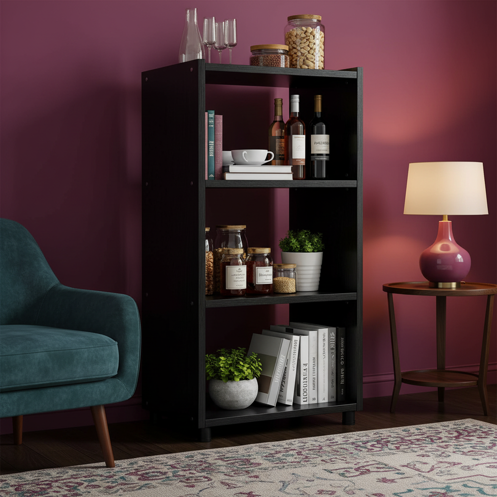 Tall black open shelf styled with books, glassware, jars and plants in warm evening light