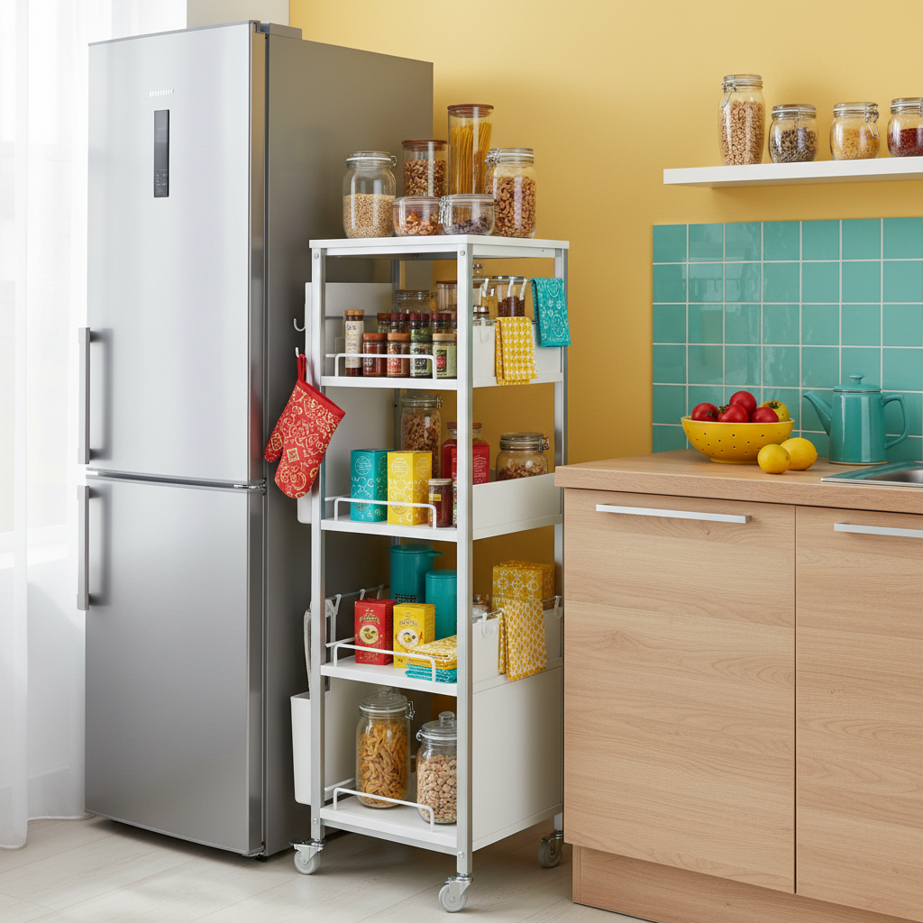 Slim white rolling cart holding pantry jars, spices, tea boxes and kitchen linens