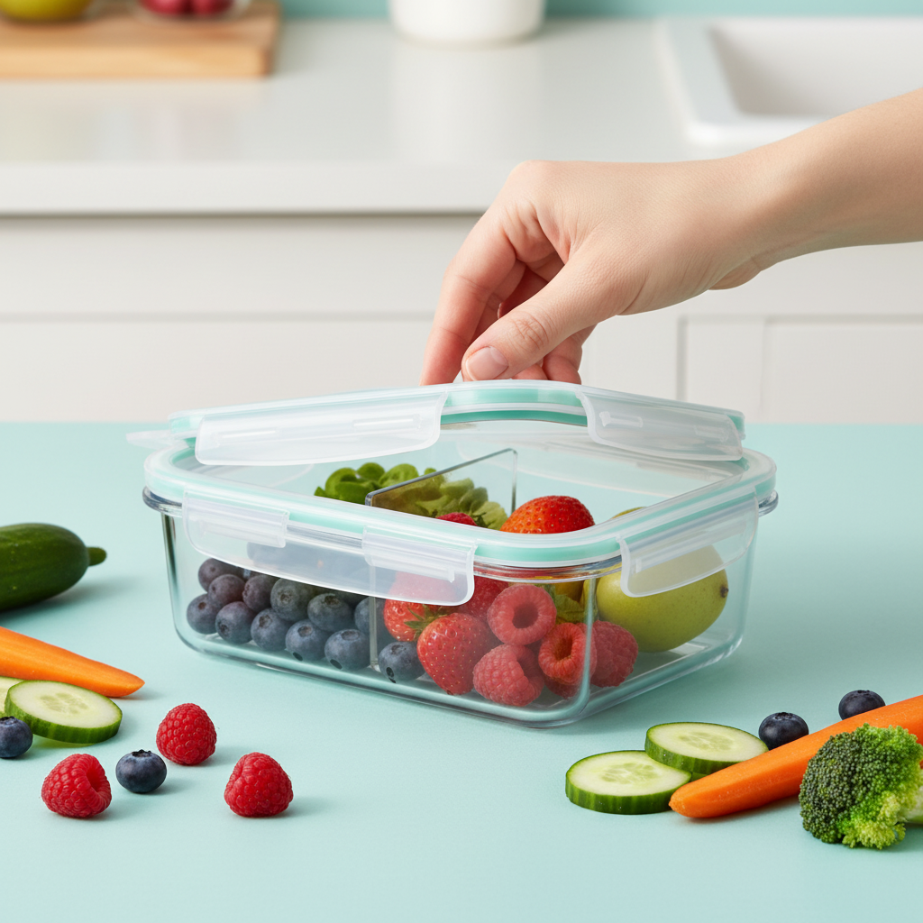 Hand opening the clear snap-lock clip on a divided glass food storage container