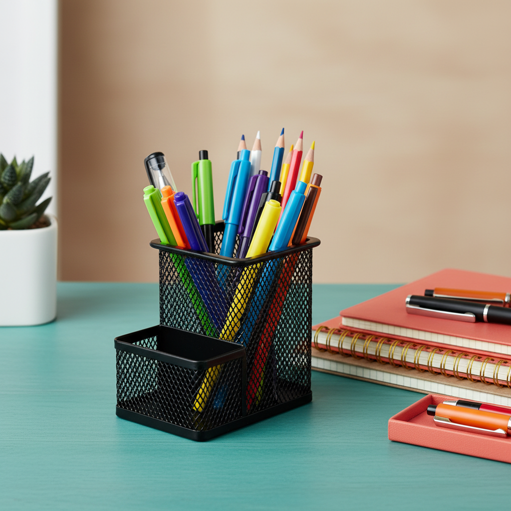 Black metal mesh desktop organizer filled with colorful pens on an aqua desk