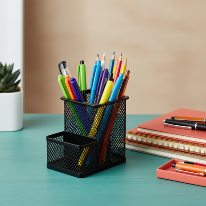 Black metal mesh desktop organizer filled with colorful pens on an aqua desk