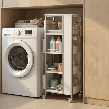 Slim white rolling cart holding folded cloths, detergent and cleaning supplies beside a washer