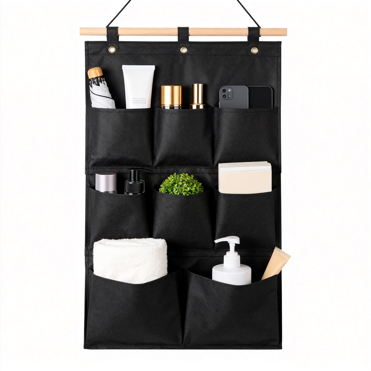 Black hanging wall organizer with eight open pockets and a horizontal hanging rod