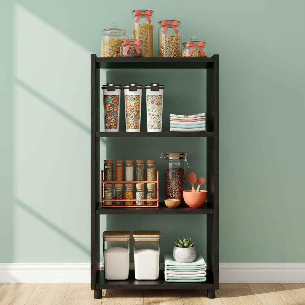 Tall black open shelf organizing jars, pantry containers, spices and kitchen linens