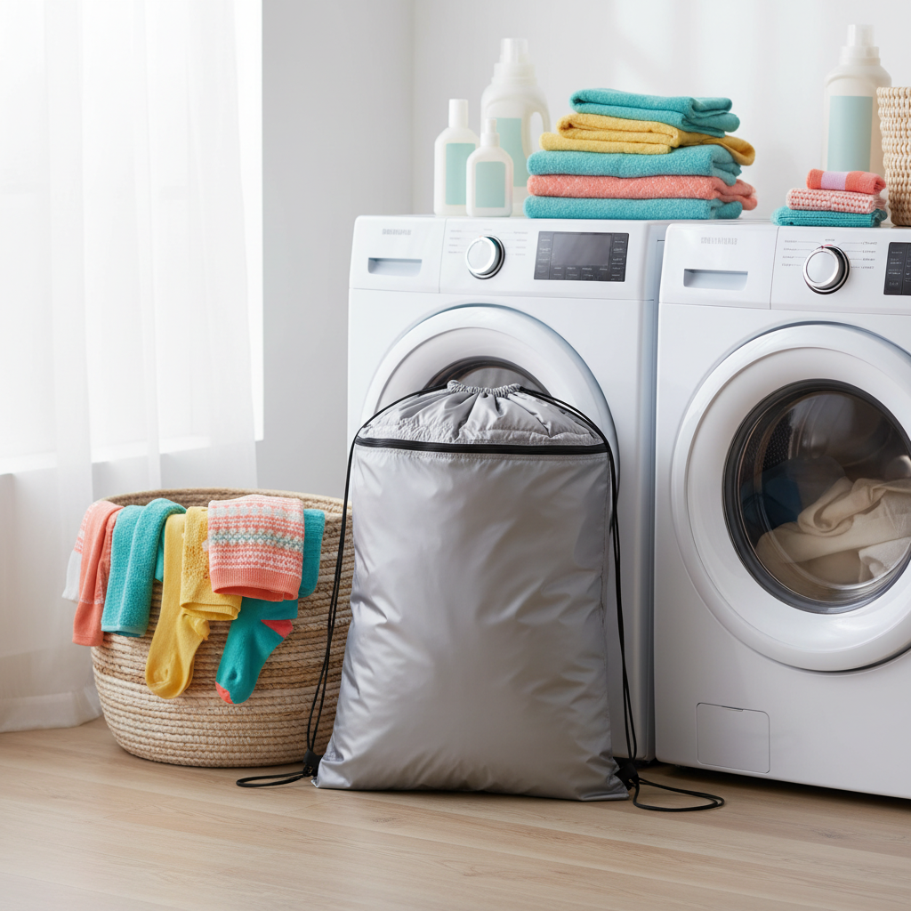 Silver-gray drawstring storage bag in a colorful modern laundry room