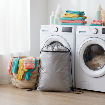 Silver-gray drawstring storage bag in a colorful modern laundry room