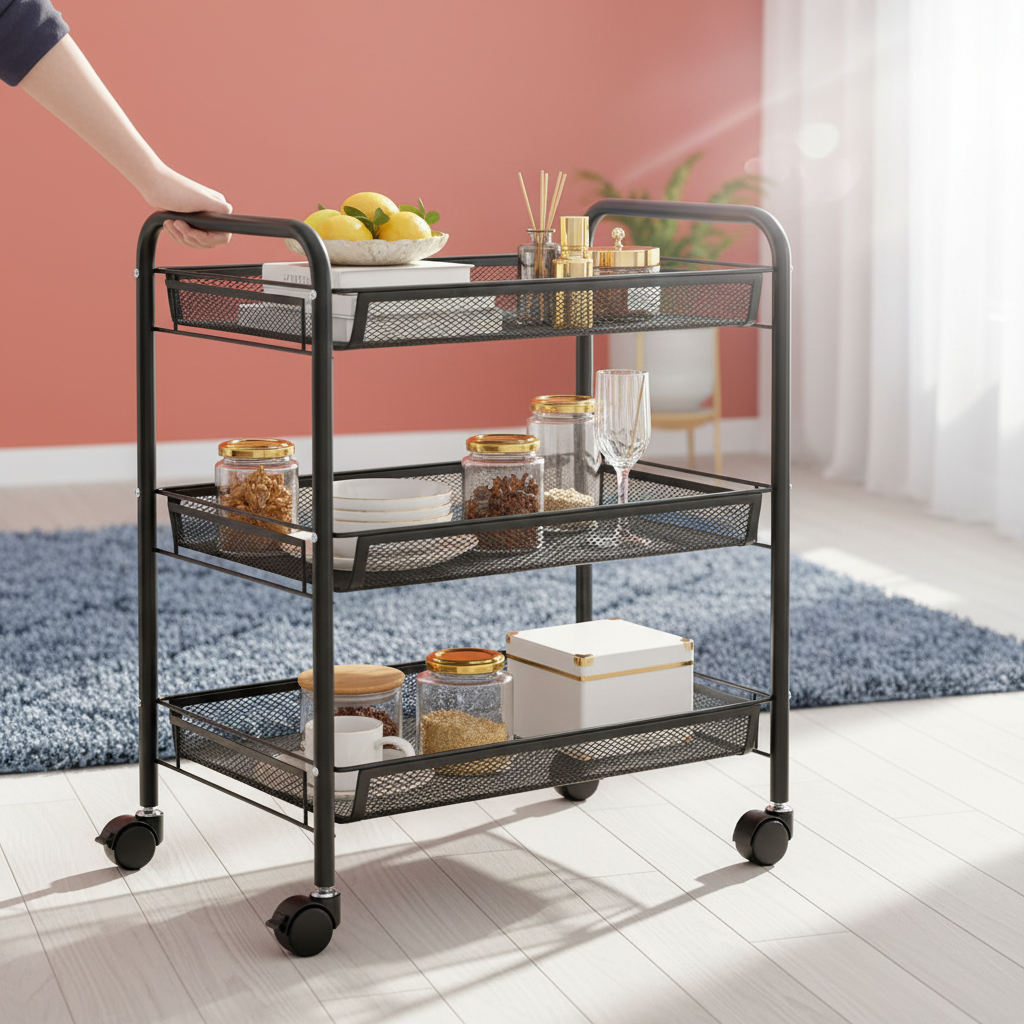 Hand pushing the cart across a wooden floor