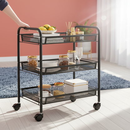 Hand pushing the cart across a wooden floor
