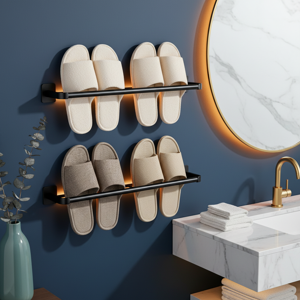 Black two-tier wall-mounted slipper rack holding neutral slippers in a warm evening bathroom