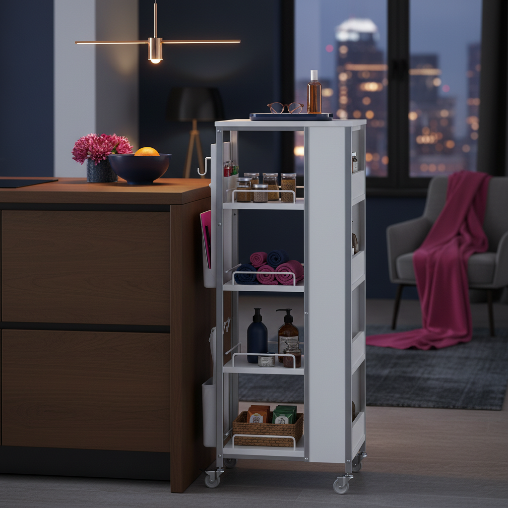 Slim white rolling cart holding sorted household essentials beside a compact desk or kitchen counter