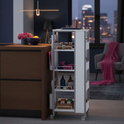 Slim white rolling cart holding sorted household essentials beside a compact desk or kitchen counter