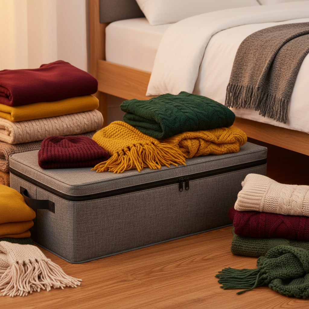 Gray fabric storage box with folded winter clothing and colorful seasonal textiles