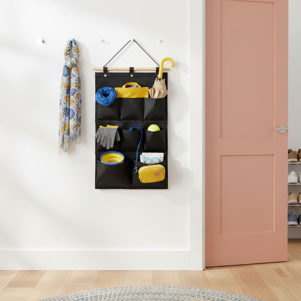 Black hanging wall organizer with lightweight entryway accessories near a colorful door