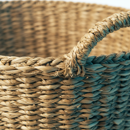 Macro of the seagrass weave and braided handle stitching