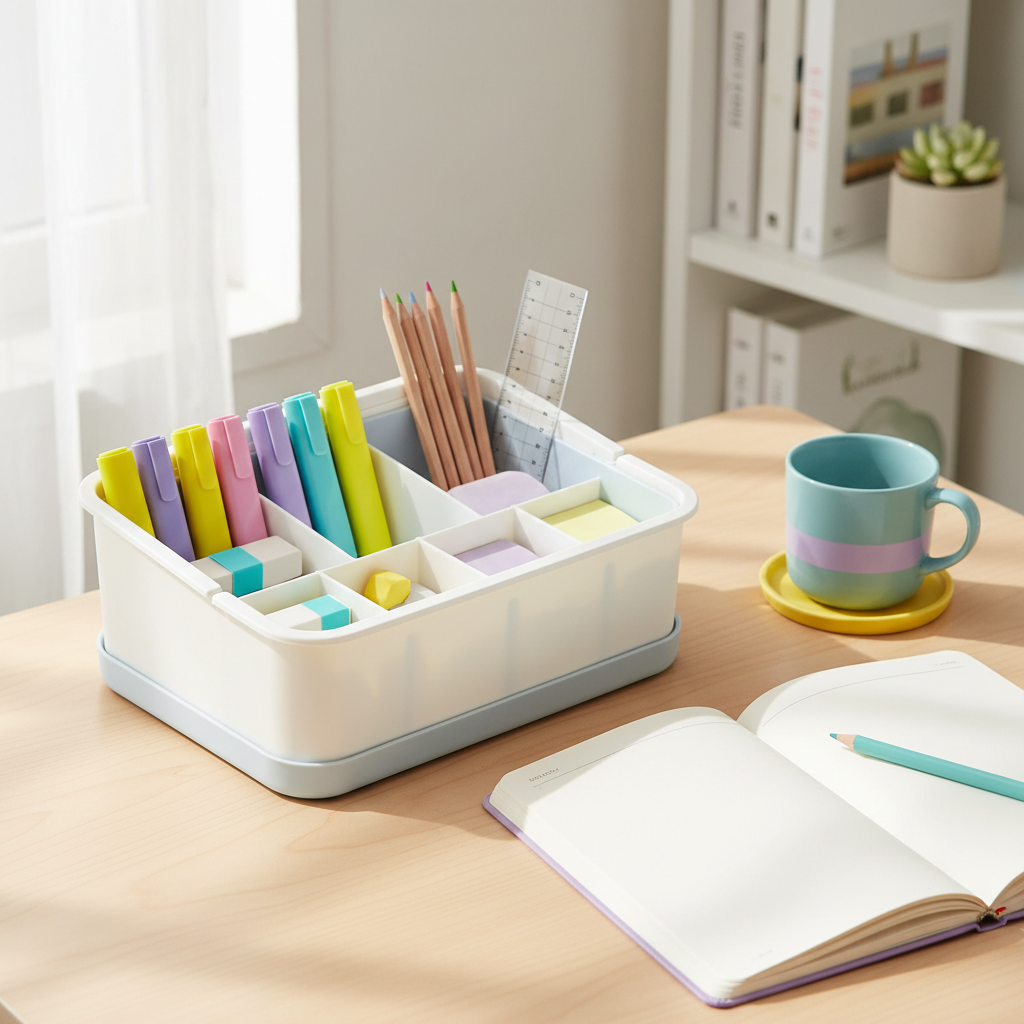 White and pale blue desktop organizer holding highlighters, pencils and study supplies beside an open notebook