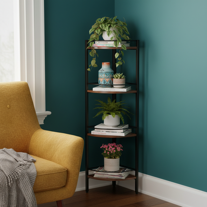 Corner shelf styled with plants and books in a living room