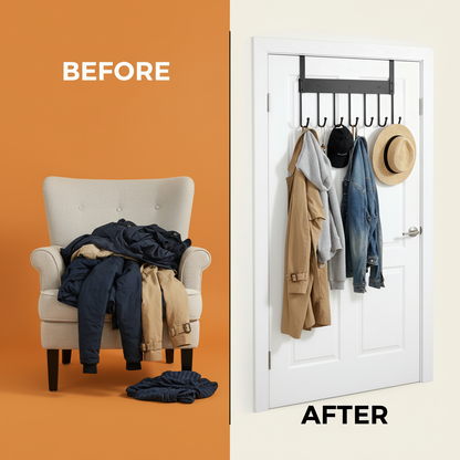 Before and after of a cluttered chair versus the hung rack