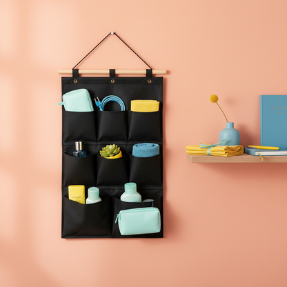 Black hanging wall organizer holding lightweight household essentials in a colorful small apartment