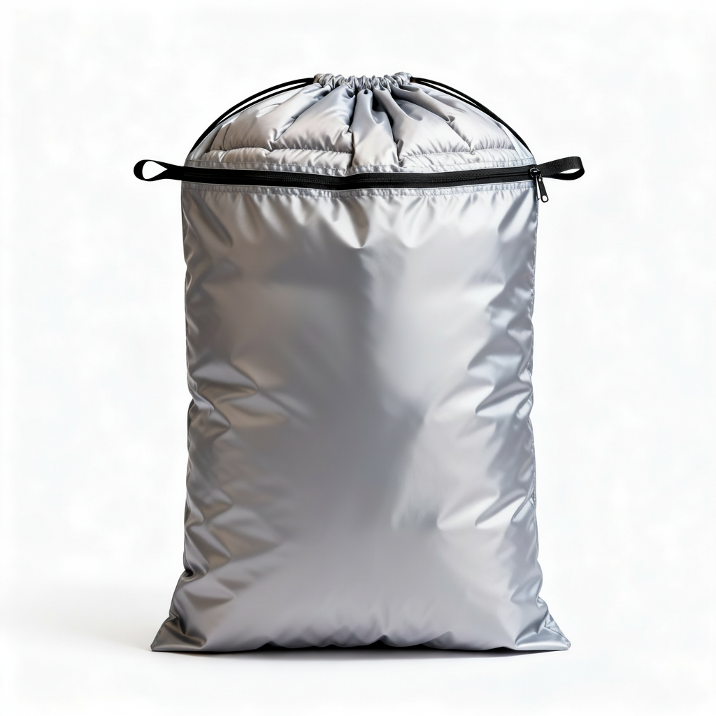 Silver-gray drawstring storage bag with black cords on a white background