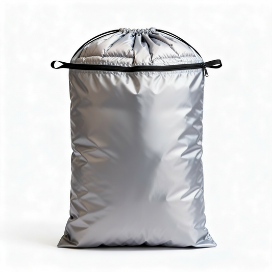 Silver-gray drawstring storage bag with black cords on a white background