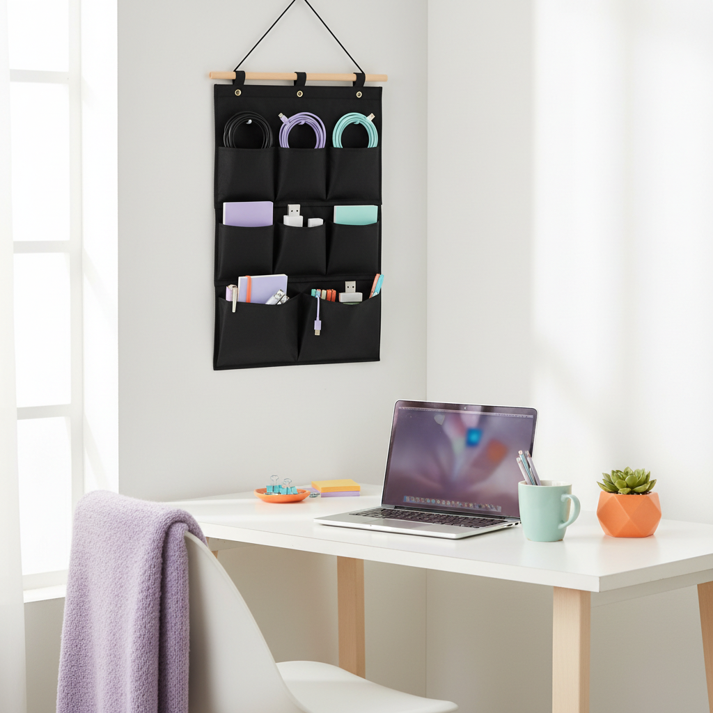 Black hanging wall organizer holding cables, notebooks and desk supplies beside a laptop