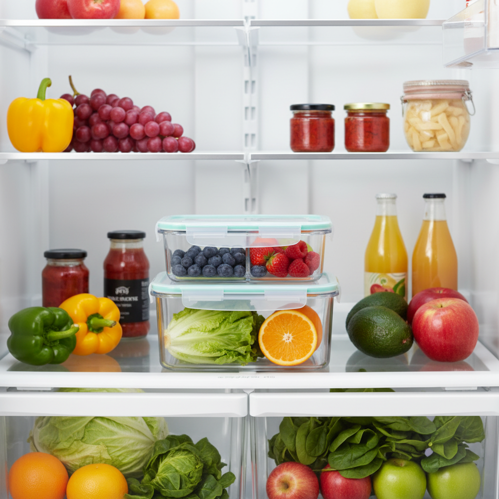 Stacked divided glass food containers organized with colorful produce in a refrigerator