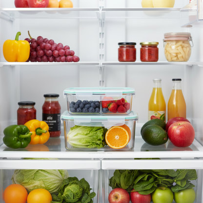 Stacked divided glass food containers organized with colorful produce in a refrigerator