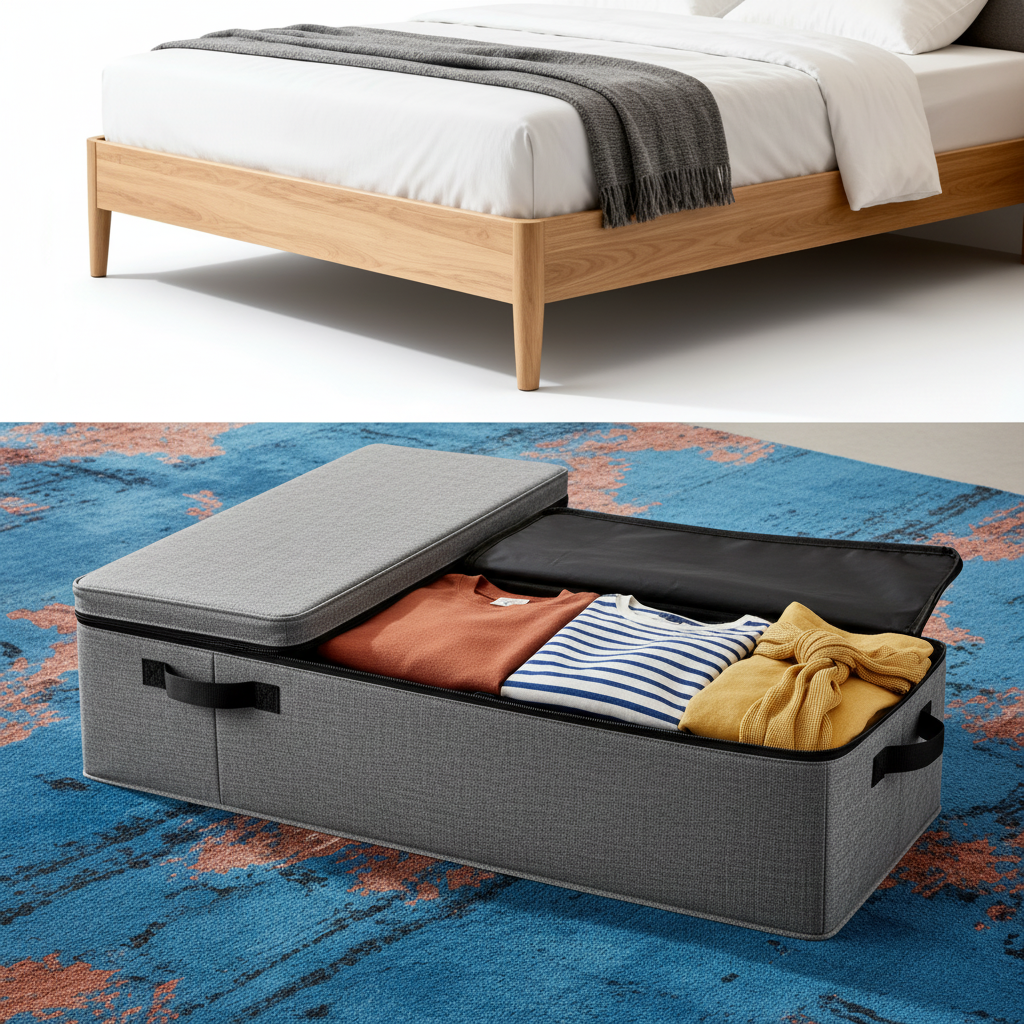 Gray under-bed fabric storage organizers with colorful folded textiles beside a modern wood bed