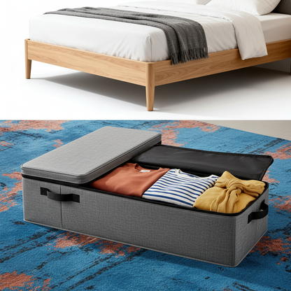 Gray under-bed fabric storage organizers with colorful folded textiles beside a modern wood bed