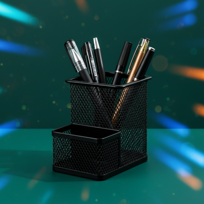 Close-up view of the black diamond-pattern metal mesh and two-level compartments