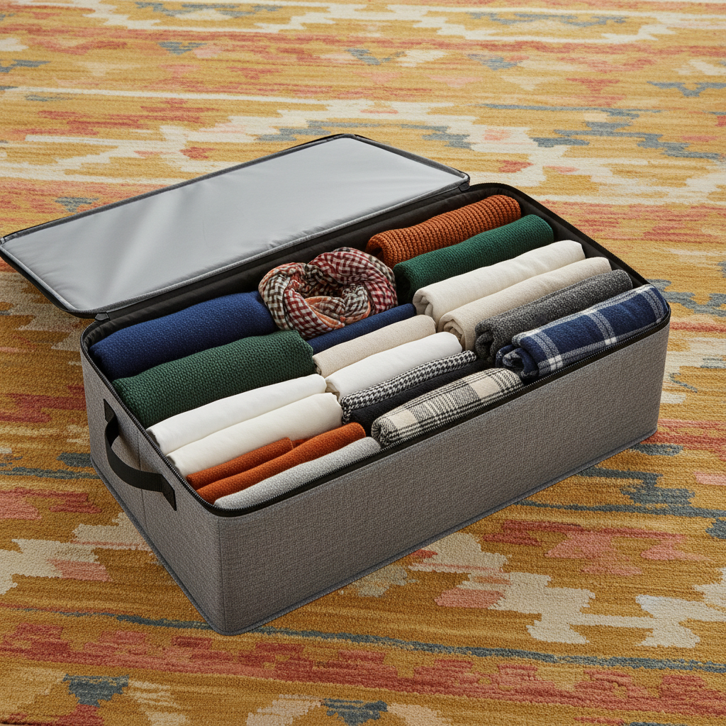 Open gray zippered fabric organizer filled with neatly folded colorful clothing and linens