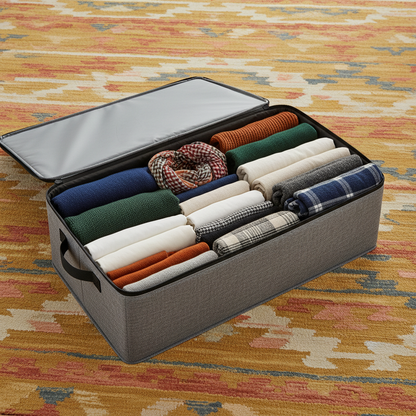 Open gray zippered fabric organizer filled with neatly folded colorful clothing and linens