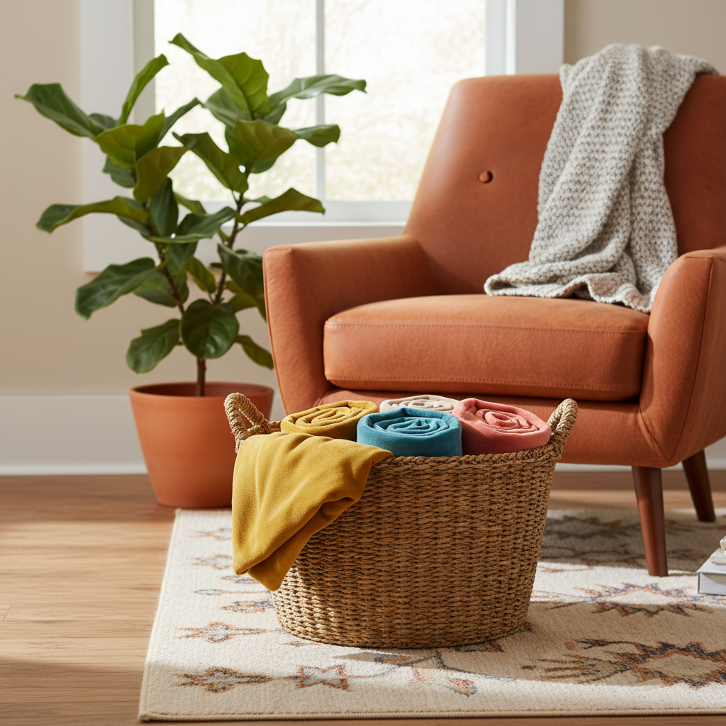 Basket holding colorful blankets in a sunlit living room