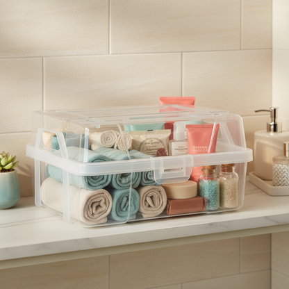 Clear lidded storage box holding folded towels and sealed bathroom supplies on a shelf