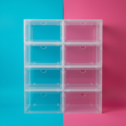 Six clear shoe boxes arranged in a modular grid
