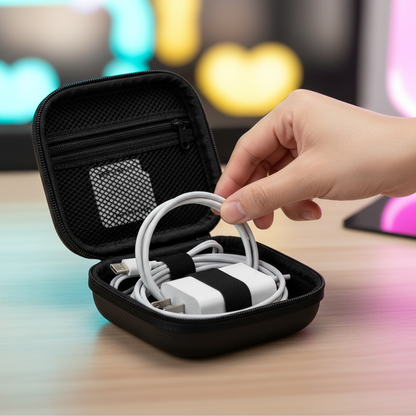 Hand placing a coiled charging cable under the elastic strap of a black tech organizer case