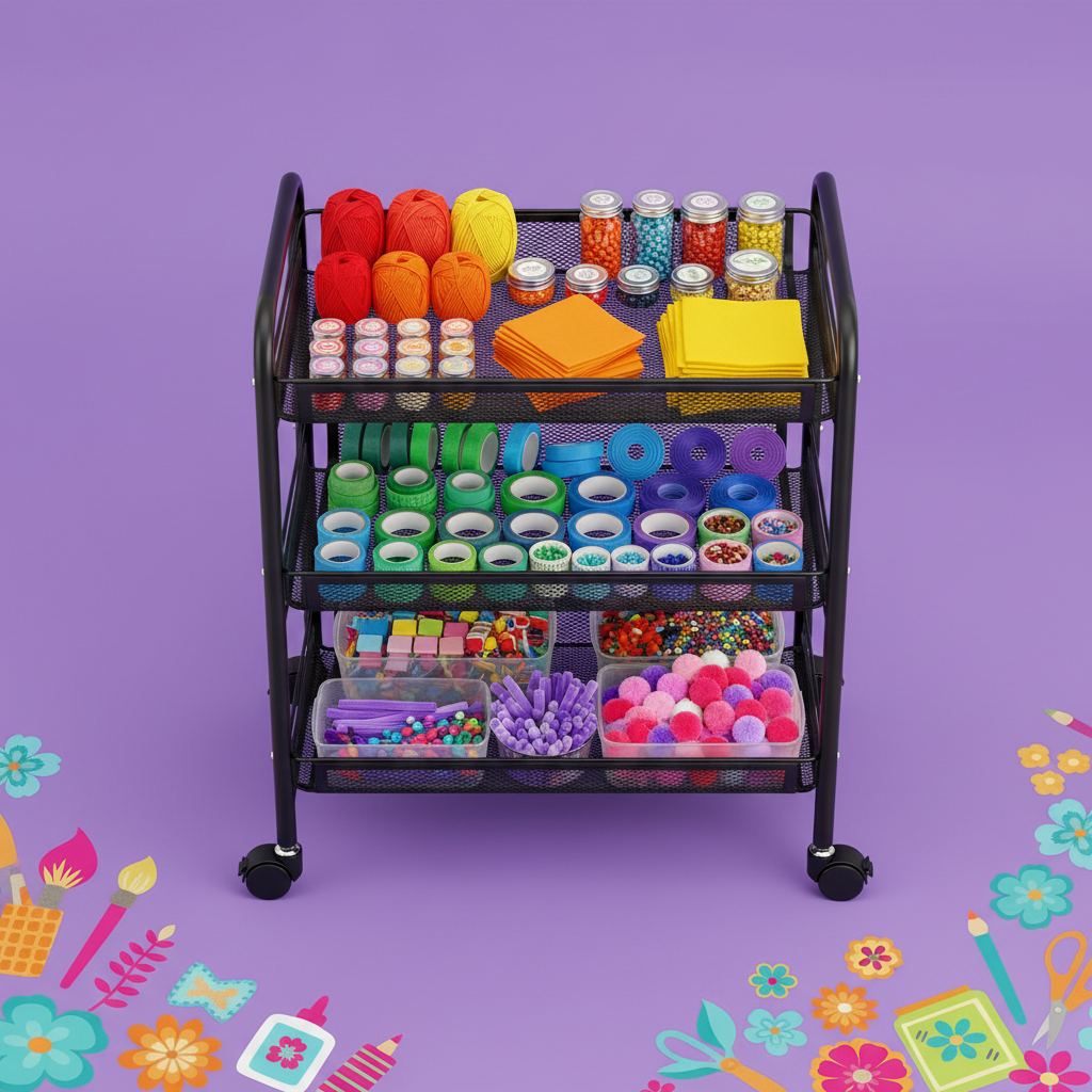 Top-down view of the shelves filled with sorted craft supplies