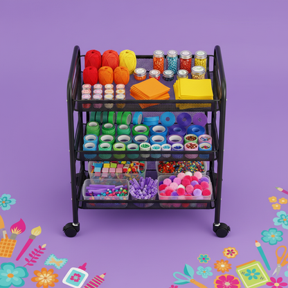 Top-down view of the shelves filled with sorted craft supplies